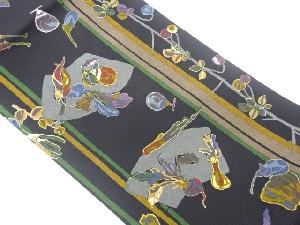 縮緬地金彩縞に地紙・野菜模様名古屋帯